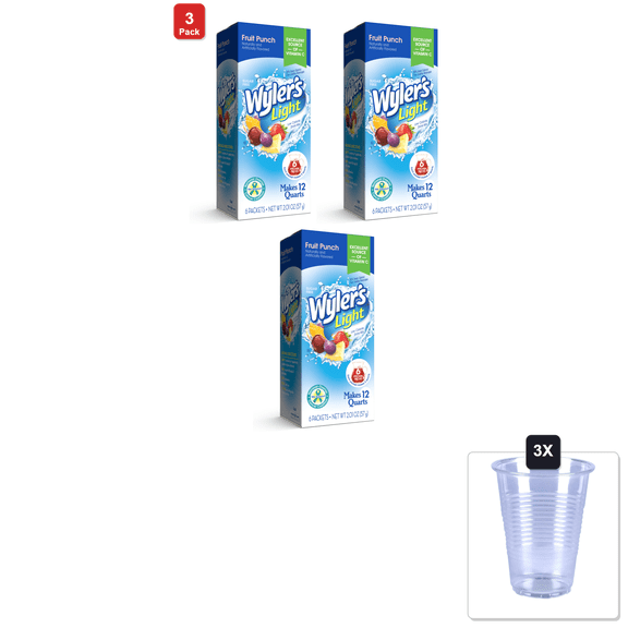 3 Pack | Wylers Light Pitcher Packs, Water Drink Mix, Fruit Punch,6 Pitcher Packets & 3x 16oz Plastic Cup with Strawless Sip-Lid
