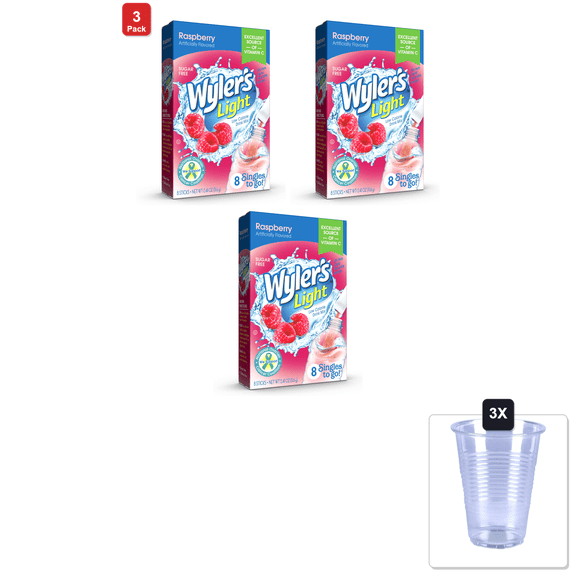 3 Pack | Wylers Light Singles Water Drink Mix To Go Powder Packets, Raspberry, 8 Count & 3x 16oz Plastic Cup with Strawless Sip-Lid