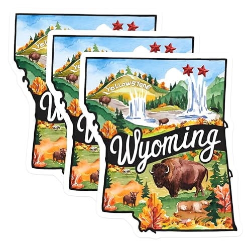 (3 Pack) Wyoming Decals - Yellowstone - Bison Decals - State Pride Decal- 3 Inches On Longest Side - Easy Peel & Apply - Made in USA - 3MCS5044