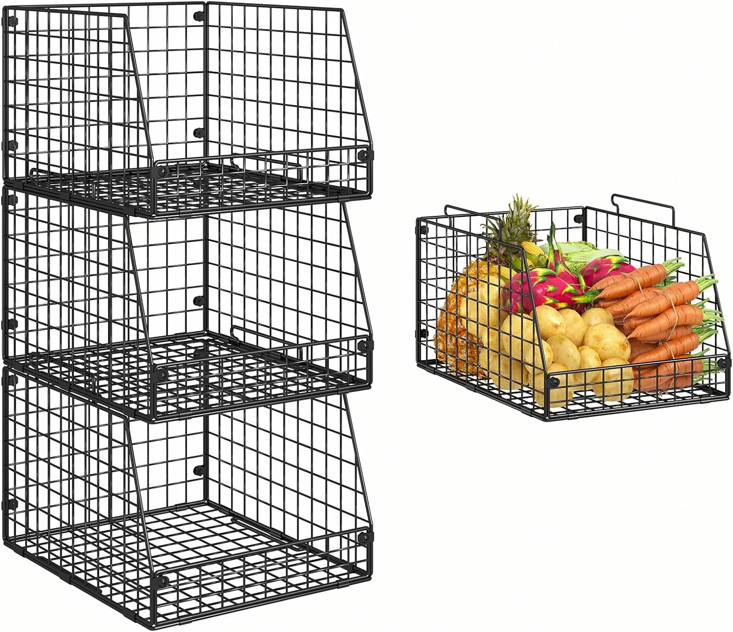 X-COSRACK 3-Pack XXL Stackable Wire Baskets, Foldable Metal Pantry Organizers & Storage Bins for Potato, Onion and Fruit, Black