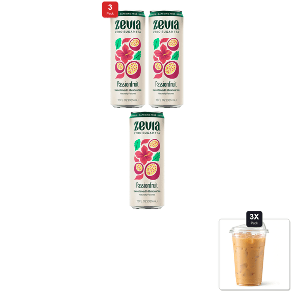 3 Pack | Zevia Organic Caffeine Free Sweetened Hibiscus Passionfruit Tea, 12 Fz & 3x 16oz Plastic Cup with Strawless Sip-Lid