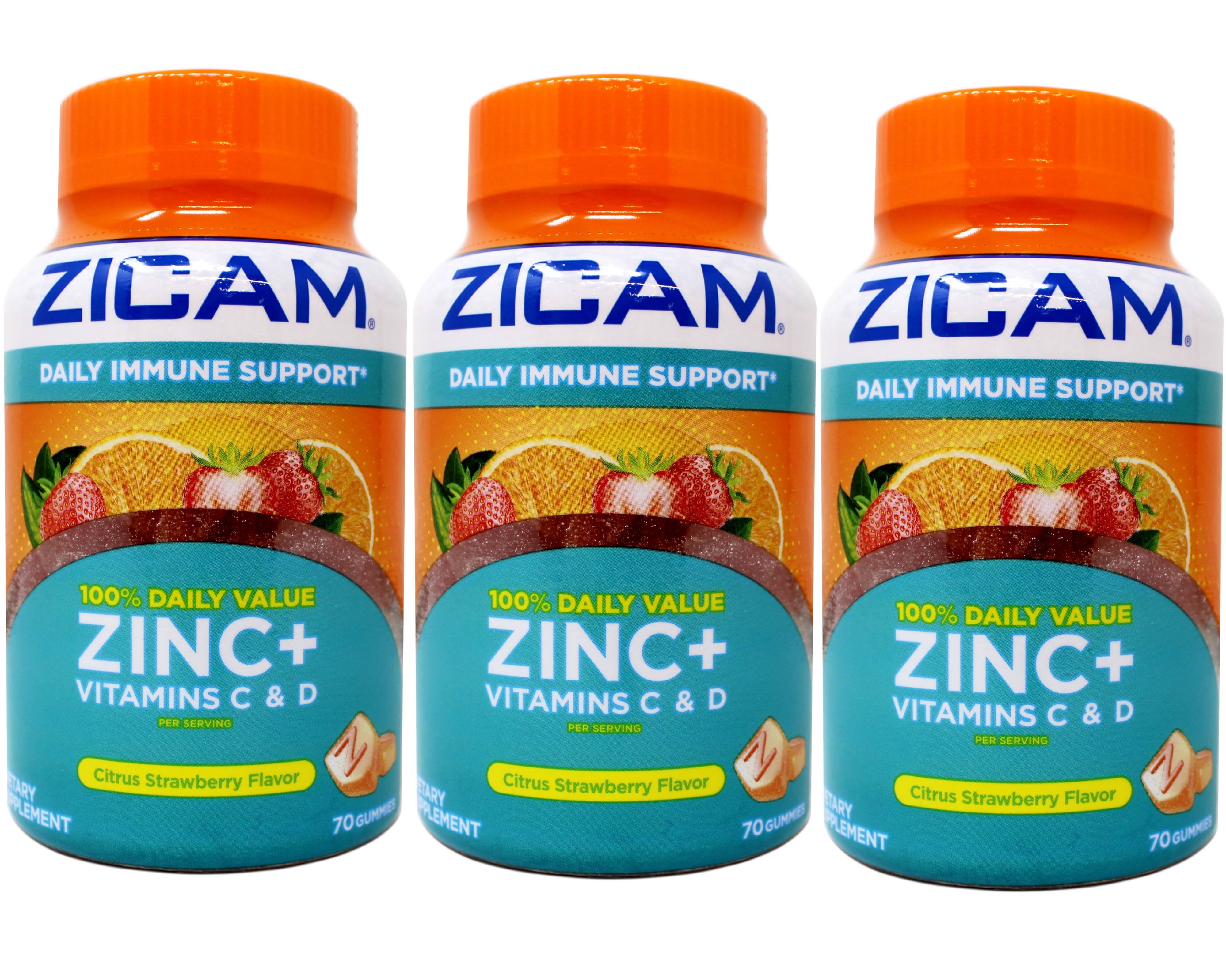3 Pack - Zicam Daily Immune Support, Gummy Supplement, Zinc, Vitamin C & Vitamin D, Citrus Strawberry Flavor, 70 Count
