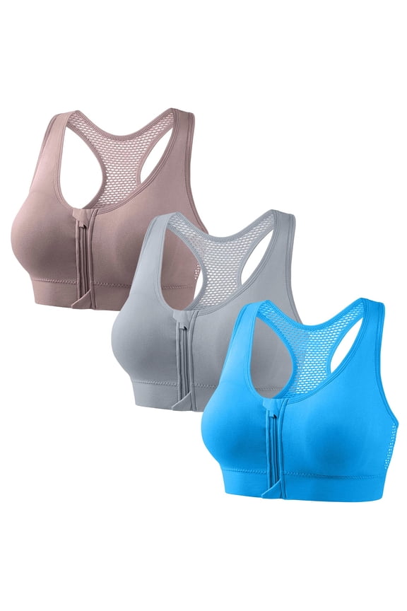 3-Pack Zip Front Sports Bra for Women Fishnet Racerback Workout Crop Top Breathable Comfort Wireless Yoga Bras