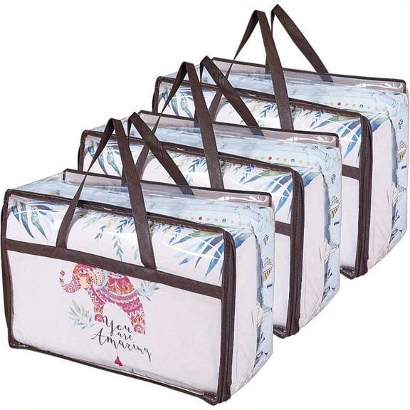 3-Pack Zippered Storage Bags 14.53gal - PVC Organizers for Bedding & Clothes, Brown Space Saver Bags