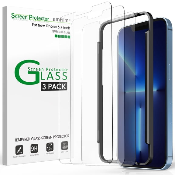 (3 Pack) amFilm iPhone 14 Plus & iPhone 13 Pro Max (6.7" Display, 2021) Tempered Glass Screen Protector