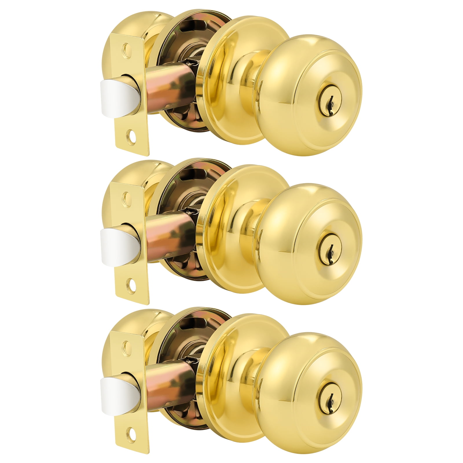 (3 Pack) knobelite Polished Brass Round Entry Door Knobs Keyed Alike ...