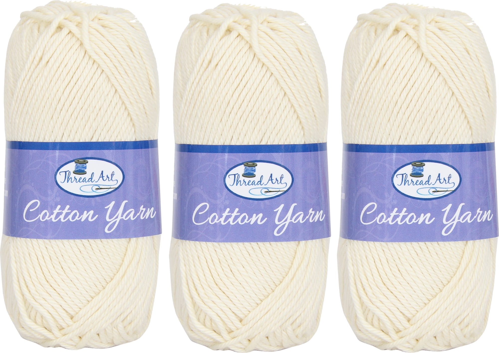 3 Pack of 100% Pure Cotton Crochet Yarn by Threadart | Natural | 50 gram  Skeins | Worsted Medium #4 Yarn | 85 yds per Skein - 30 Colors Available