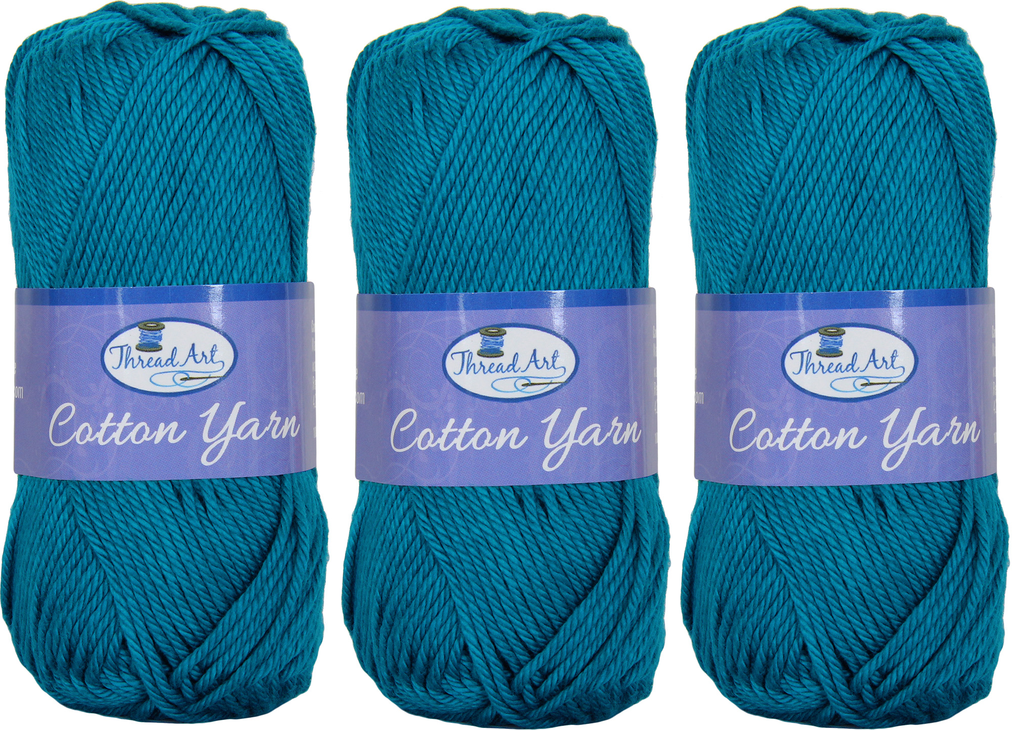 3 Pack of 100% Pure Cotton Crochet Yarn by Threadart | Teal | 50 gram  Skeins | Worsted Medium #4 Yarn | 85 yds per Skein - 30 Colors Available