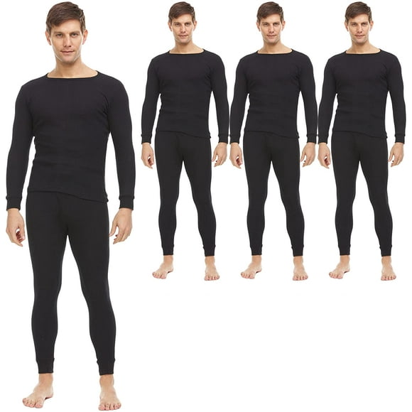 3 Pack of 2pc Thermal Sets for Men, Base Layer Long Johns Underwear, Top & Bottom, Cotton, Solid Colors (X-Large, Black)