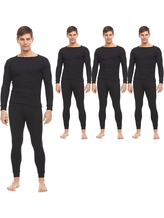 3 Pack of 2pc Thermal Sets for Men, Base Layer Long Johns Underwear, Top & Bottom, Cotton, Solid Colors (X-Large, Black)