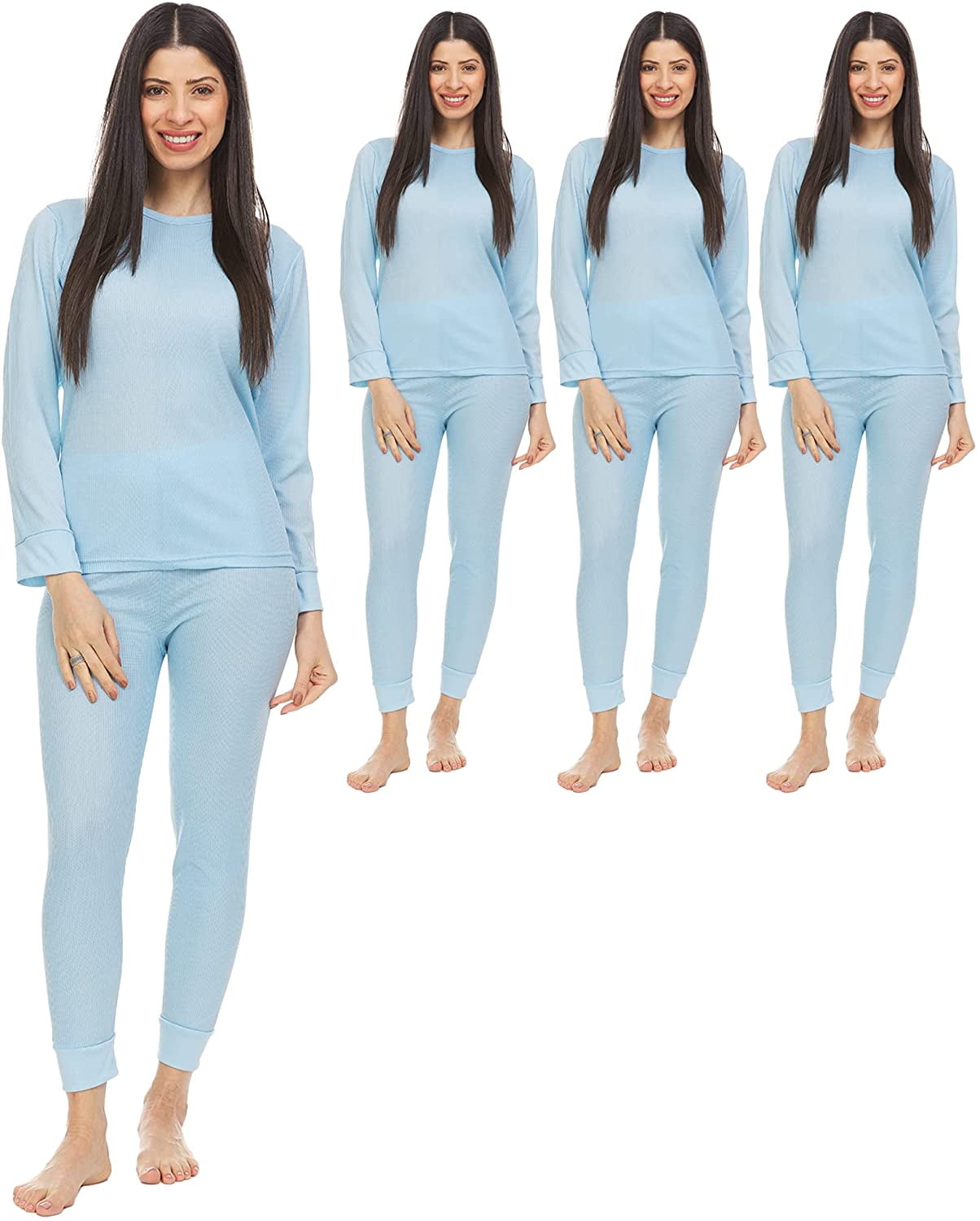 3 Pack of 2pc Thermal Sets for Women, Base Layer Long Johns Underwear, Top  & Bottom, Cotton, (Large, Light Blue) 