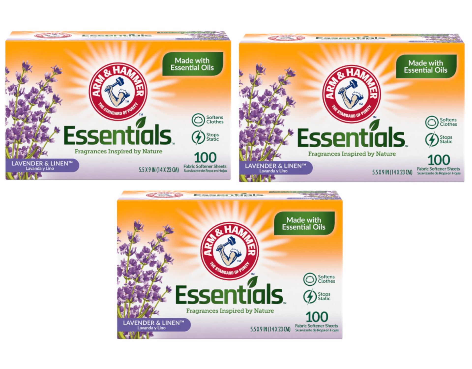 3 Pack of Arm & Hammer Fabric Softener Dryer Sheets, Lavender & Linen Scent, 100 Count