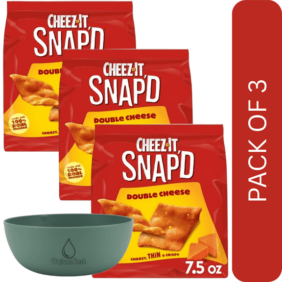 3 Pack of CheezItSnapd Double Cheese Cracker Chips  7.5oz Thin & Crispy Snack, With Olive Green Bowl By ValueNest