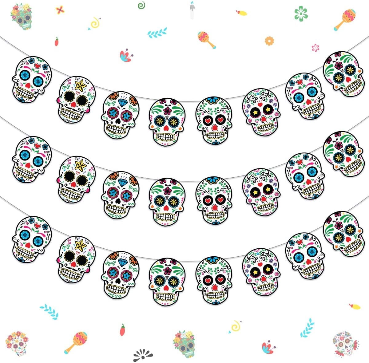 3 Pack of Day of The Dead Garlands, Dia De Los Muertos Banner ...