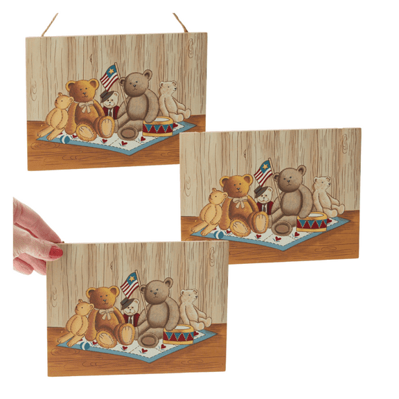 3 Pack of Hangable Wood Patriotic Teddy Bears Wall Art - For 4th of July, Memorial Day, Veteran's Day and Everyday Decor