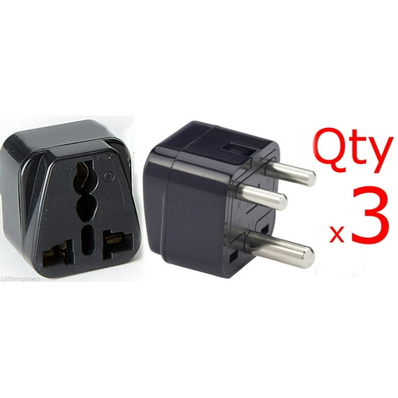 3 Pack of India 3-Round Pin Plug Adapters with Universal Output Socket Black