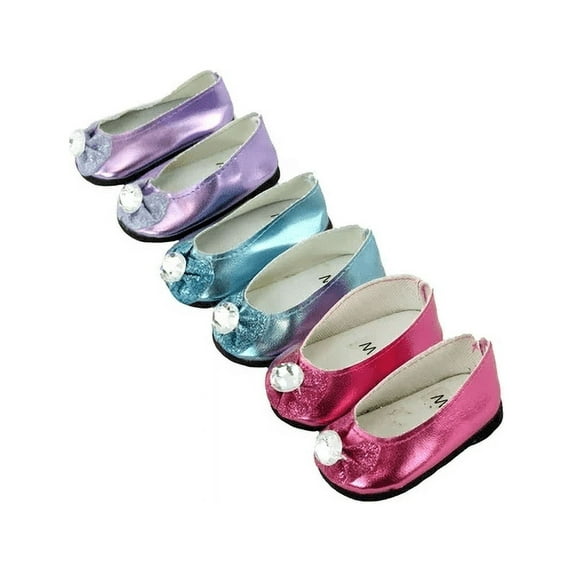 3 Pack of Metallic Diamond Bow Flats: Hot Pink, Lavender, and Teal For 14 Inch Dolls