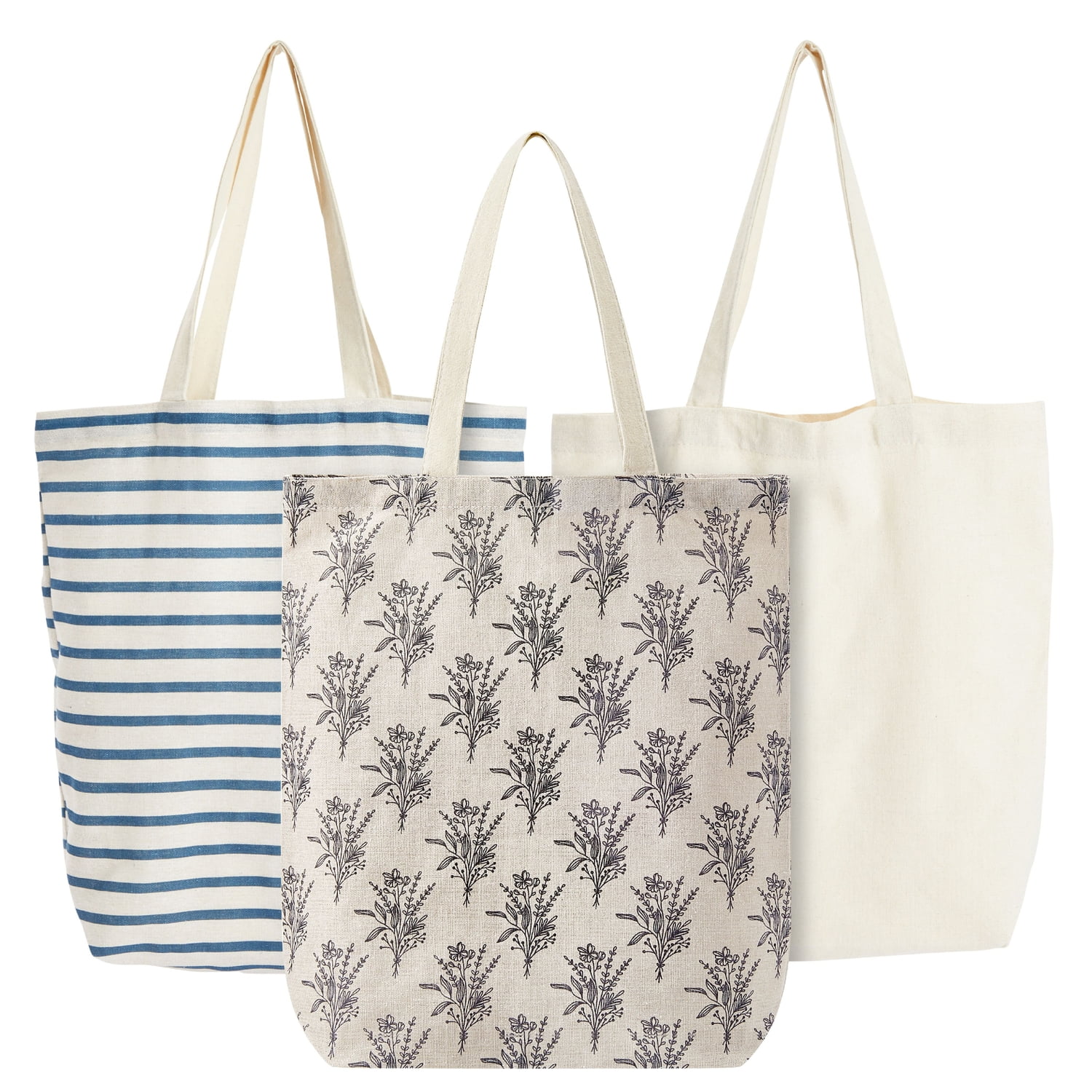 Set of 3 Small Reusable Canvas Tote Bags - Cute Cloth Bags for Grocery Shopping, Farmers Market (3 Designs, 15x16.5 in)