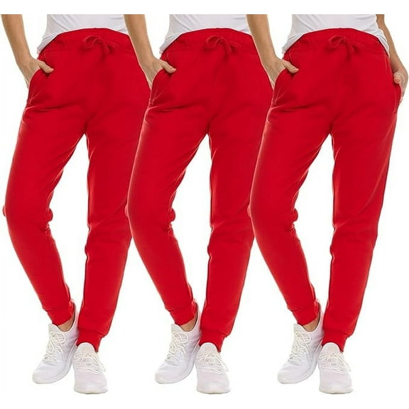 3 Pack of Womens Jogger Fleece-Lined Sweatpants, Bulk Comfy Joggers with Ribbed Cuffs, Bulk Soft Jogger Pants for Women, Color RED, Size 2X-Large