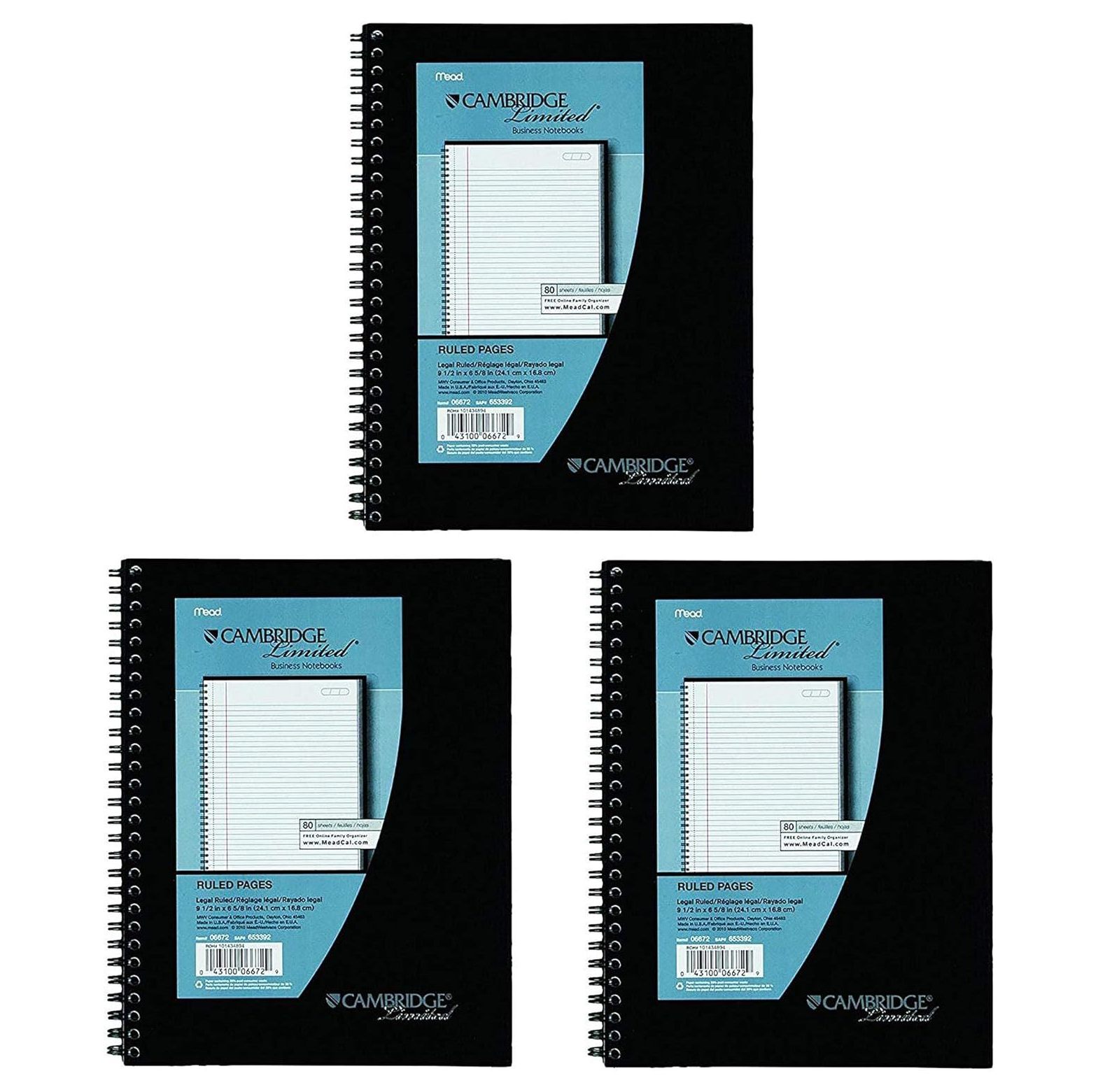 3 Pack of ZQRPCA Cambridge Wirebound Business Notebook, Legal Rule, 6 5/8 x 9 1/2 Inches, White