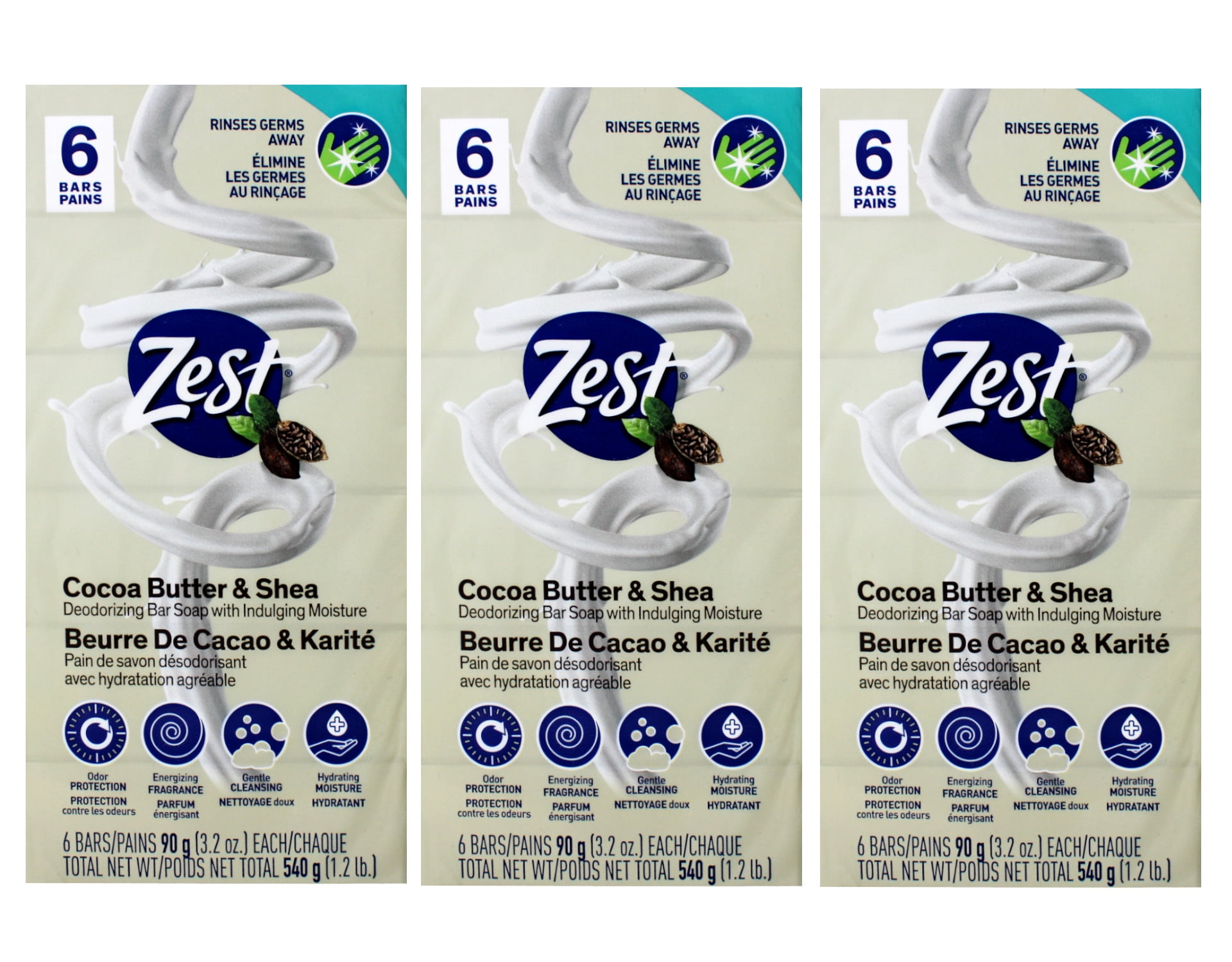 3 Pack of Zest Bar Soap Cocoa Butter & Shea, 3.2 Ounce, 6 Count Deodorizing Bar Soap with Indulging Moisture