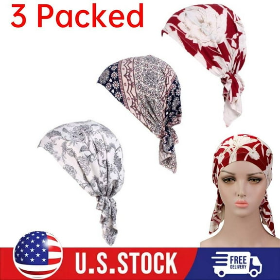 3 Packed Pre Tied Chemo Head Scarf Beanie Skull Cover Cap Headcovers for Women