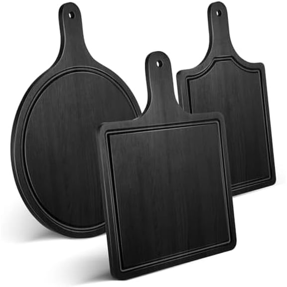 3 Packs 12 Inch Black Wood Chopping Boards with Handle and Deep Juice Groove Small Bamboo Wooden Pizza Paddle Serving Boards Tray Charcuterie Plank Chopping for Cheese Steak Bread