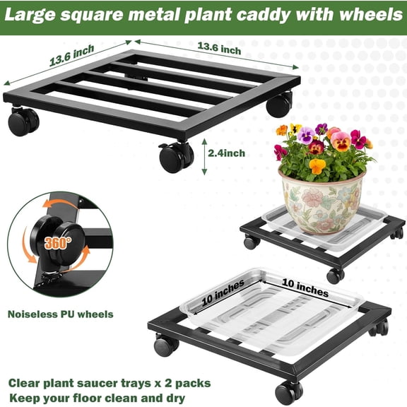 3 Packs 13.6 Inches Large Metal Plant Caddy with PU Wheels Square Planter Dolly Pot Mover Rollers Iron Rolling Wheeled Plant Stands Indoor Outdoor Plant Holder Trolley, Black