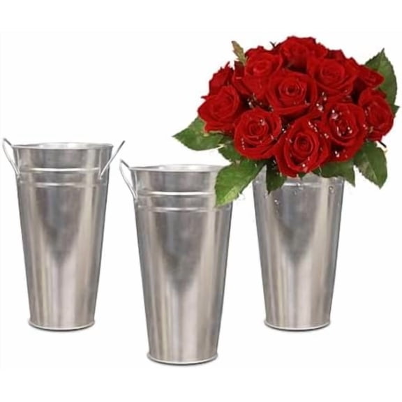3 Packs 15 Inch Galvanized Metal Vases French Flowers Bucket with Handles Rustic Style Tin Flower Holder for Farmhouse Home and Wedding Table Centerpiece Decor (Silver)$$Home Decor, Kitchen, & Other