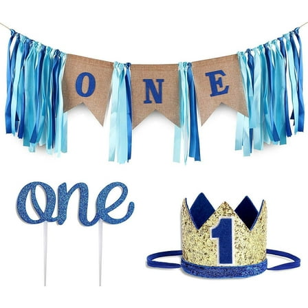 3 Packs 1st Birthday Boy Decorations with Burlap Highchair Banner, Cake Topper, Blue Hat Crown for Happy First Birthday Party Decoration Supplies