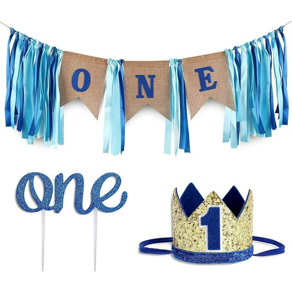3 Packs 1st Birthday Boy Decorations with Burlap Highchair Banner, Cake Topper, Blue Hat Crown for Happy First Birthday Party Decoration Supplies