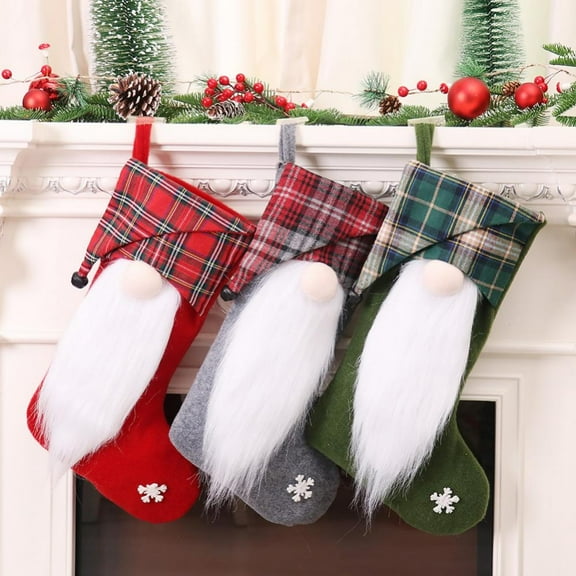 3 Packs 3D Santa Swedish Gnome Christmas Stockings, 18" Personalized Plush Stocking Xmas Hanging Socks for Home Fireplace Tree Decor