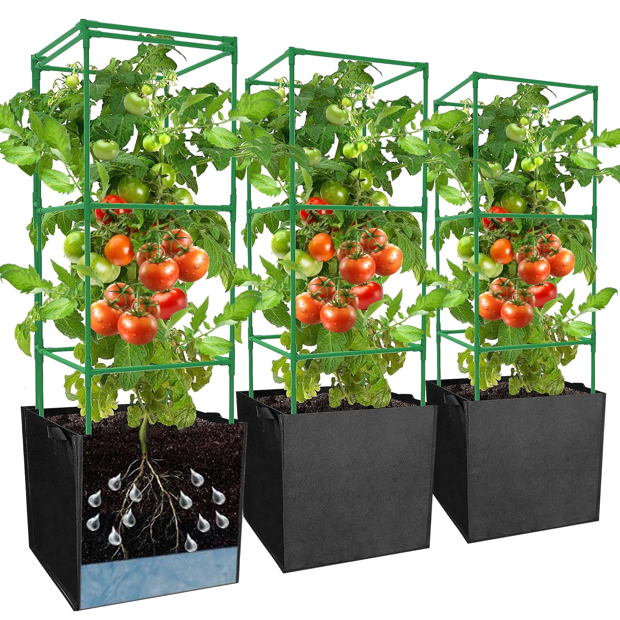 3 packs Garden Tomato Cages with 17.7 Gallon Grow Bags-Alloy Steel Square Plant Support Trellis Assembled for Vertical Climbing Plants