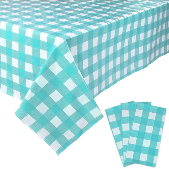 3 Packs Aqua and White Gingham Table Cloths 54 x 108 Inches Disposable Plastic Checkered Tablecovers Waterproof Rectangle Picnic Party Table Covers for Birthday Party Supplies Christmas
