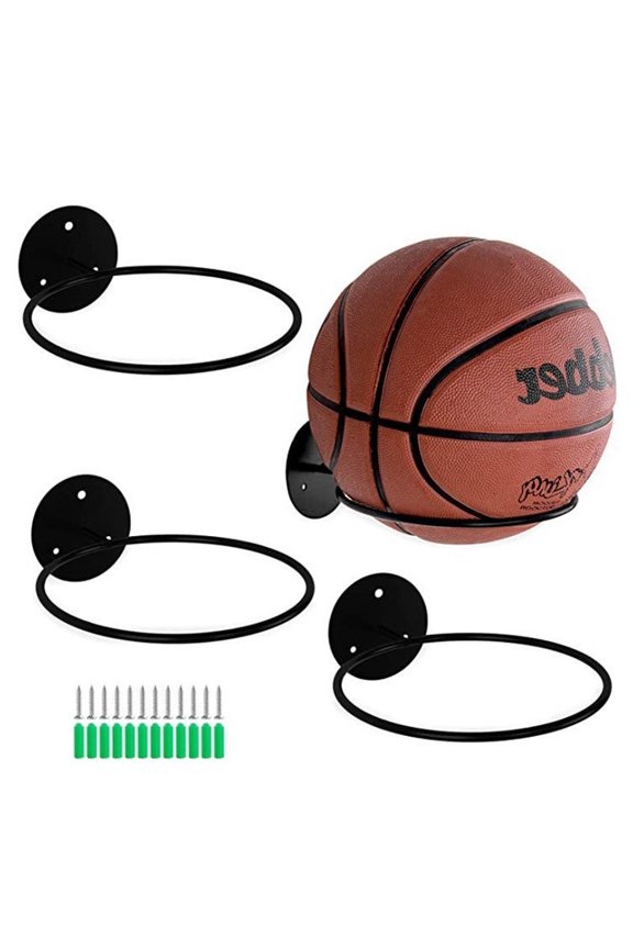 3 Packs Basketball Holder Wall Mount, Threan Mounted Ball Wall Storage Display Ball Storage Universal Ball Rack Metal Ball Holder for Basketball Football Volleyball Soccer Storage Display Black
