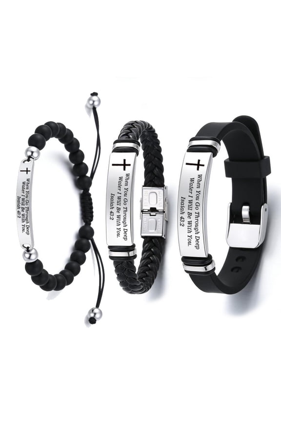 3 Packs Bible Verse Bracelet Set for Men Women,Custom Engraving Adjust Silicone Wristband Leather Chain ID Bracelets Inspirational Stackable Wristbands Jesus Cross Scripture Jewelry