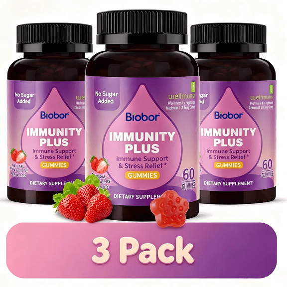 (3 Packs) Biobor 4 in 1 Immunity Gummies with Natural Wellmune® Beta Glucan, KSM-66 Ashwagandha, Vitamin C & D3, for Adults Immune Support & Stress Relief, Sugar Free, GMO Free, Gluten Free (Strawber