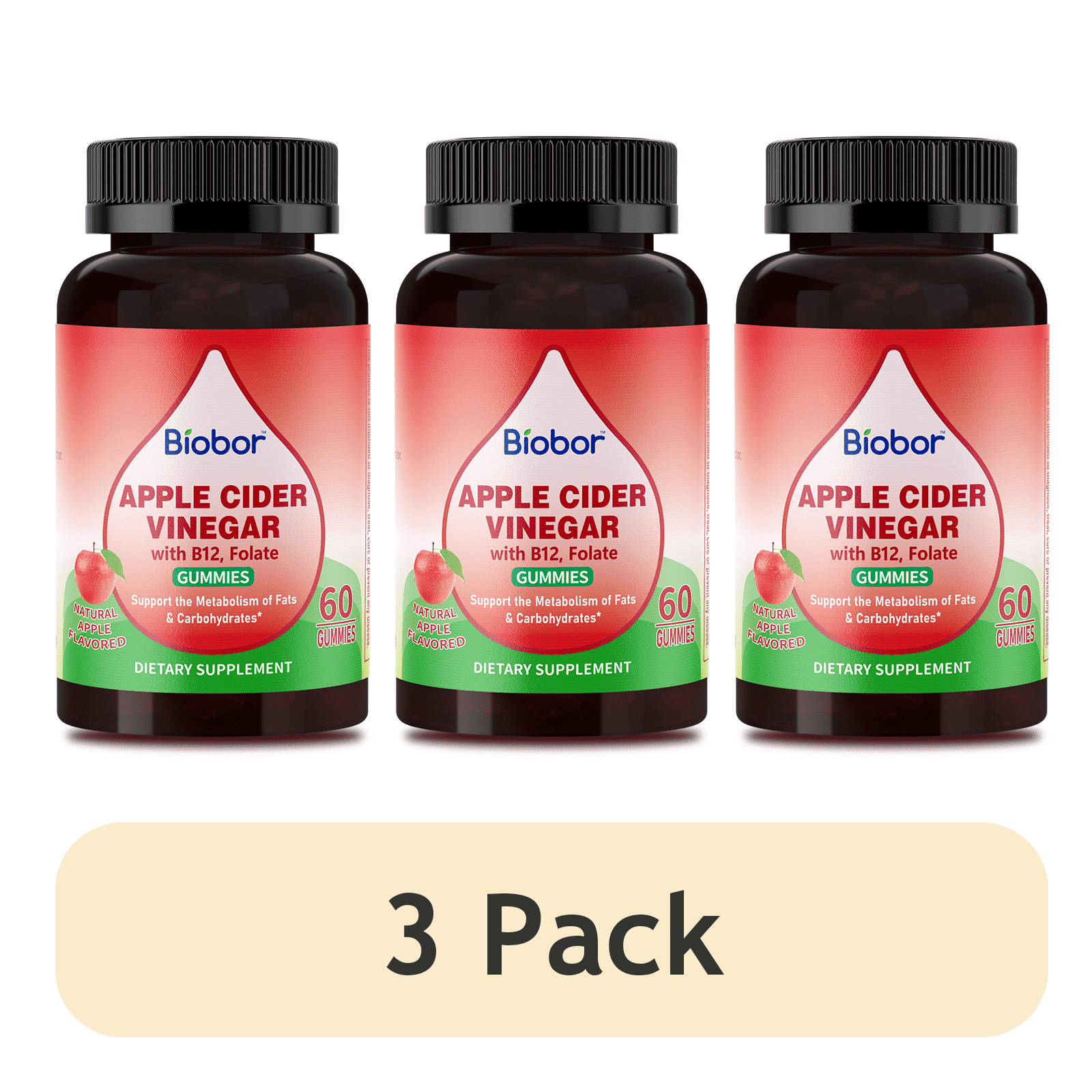 (3 Packs) Biobor Apple Cider Vinegar Gummies with Vitamin B12, 60 Count