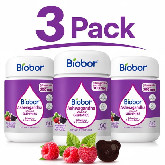 (3 Packs) Biobor Ashwagandha Gummies, KSM-66 Root Extract with Vitamin D3, Stress & Immune Support (Raspberry, 60ct)