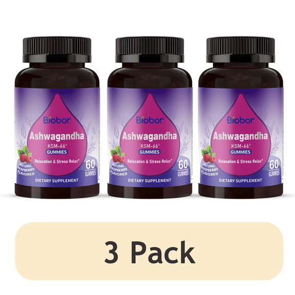 (3 Packs) Biobor Ashwagandha Gummies, KSM-66 Root Extract with Vitamin D3, Stress & Immune Support (Raspberry, 60ct)
