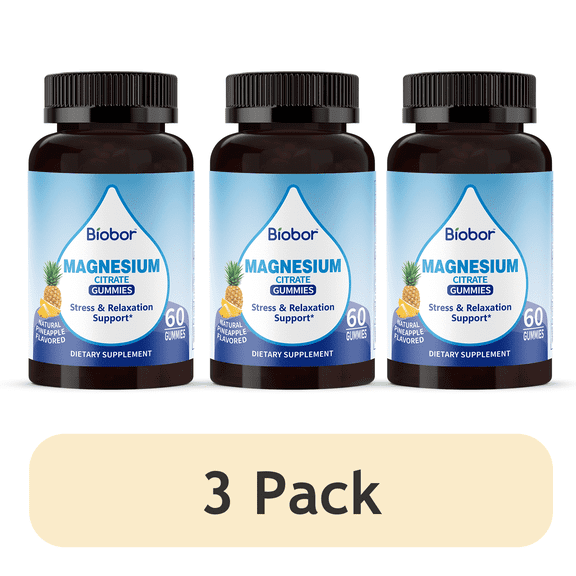 (3 Packs) Biobor Potassium Magnesium Gummies, Magnesium Citrate & Potassium Citrate Supplements with Vitamin D3, B6 Pineapple Flavor, 60 Ct