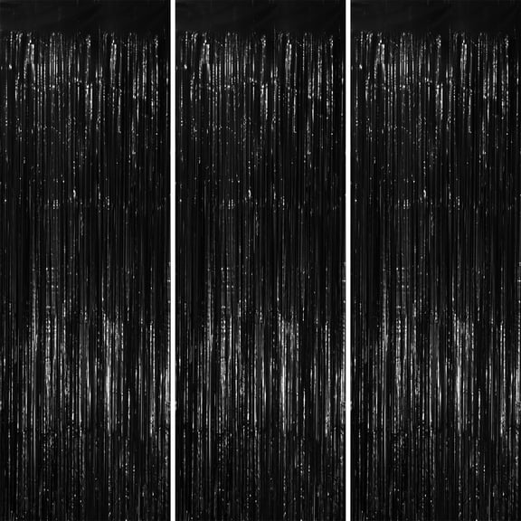 3 Packs Black Foil Fringe Curtain, Black Glitter Metallic Tinsel Backdrop for Birthday, Wedding, Baby Shower, Bachelorette, 70s 80s 90s Theme Disco Party, Iridescent Party Decorations Supplies