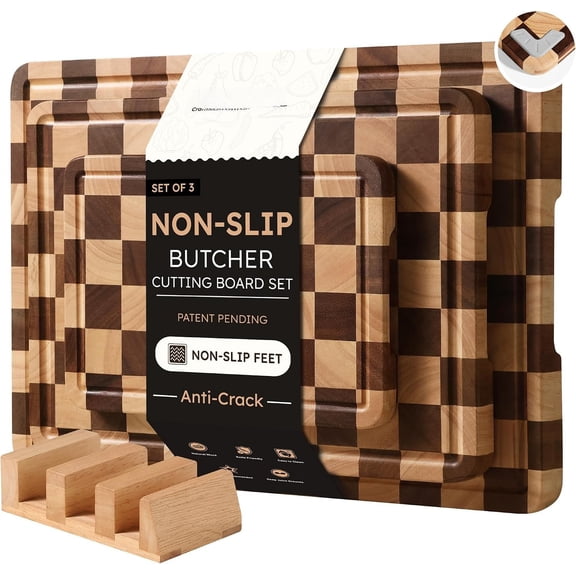 3 Packs Boards for Kitchen Checkered Board Acacia Charcuterie Board Serving Heavy Duty Non Slip Butcher Block Chopping Board with Juice Grooves Handles