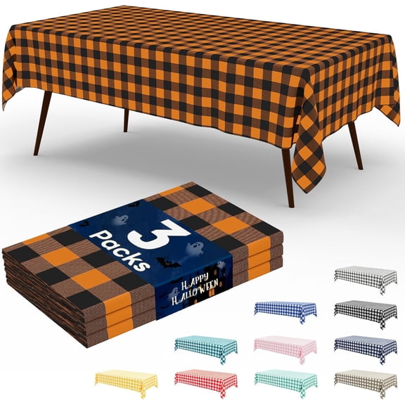 3 Packs Buffalo Disposable Table Cloth, 54 x 108 Inch Waterproof Plastic Tablecloth, Rectangle Black and Orange Checkered Table Covers for Fall, Halloween Decorations