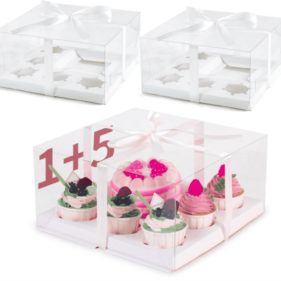3 Packs Cake Cupcakes Combo Box 1+5 Cupcake Containers with Gift Ribbon Bento Clear Boxes (5 Cupcakes with Cake) (1+5/3Pcs)