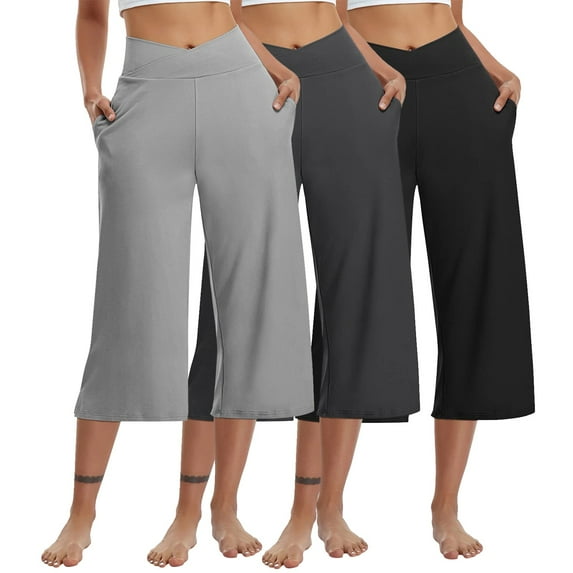 3 Packs Capri Lounge for Women with Pockets Crossover High Waisted Elastic Waist Maternity Cropped Pants Wide Leg Stretchy Hiking Gaucho Pants Gray 3XL