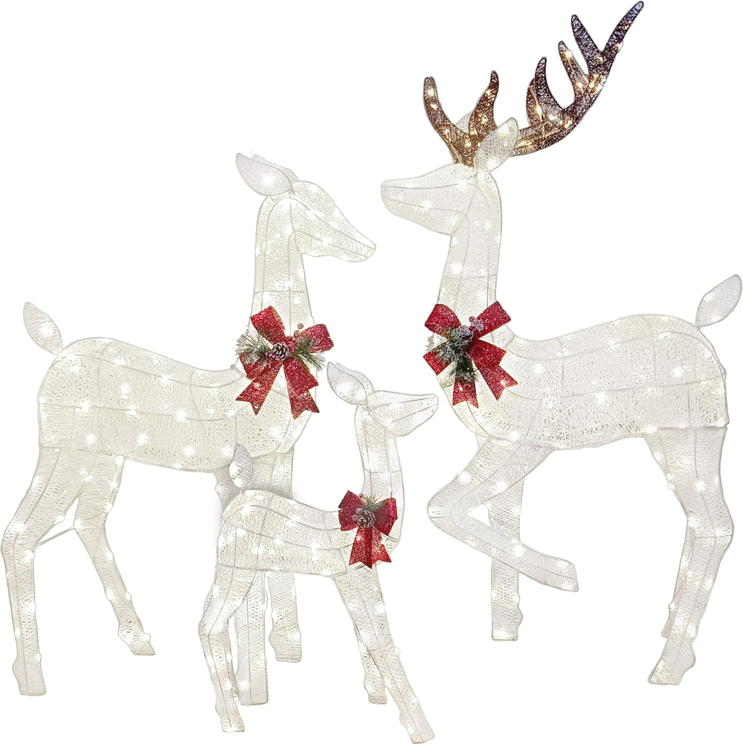 White Lighted Christmas Deer Family Set with Red Bows
