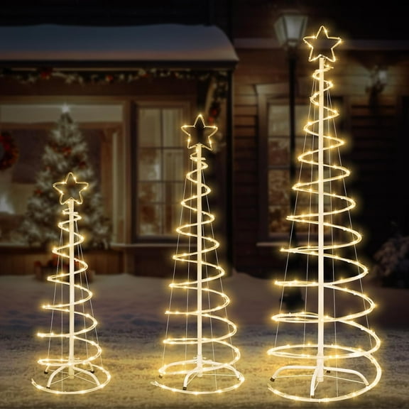 3 Packs Christmas Spiral Tree with Lights, 3/4/5 FT Lighted Xmas Collapsible Tree with Metal Stakes for Indoor & Outdoor Yard Porch Garden Holiday Decor, Warm White
