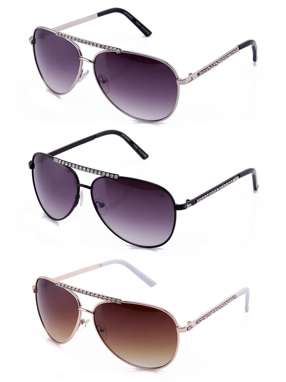 3 Packs Classic Metal Aviator Frame Fashion Sunglasses with Rhinestone for Women