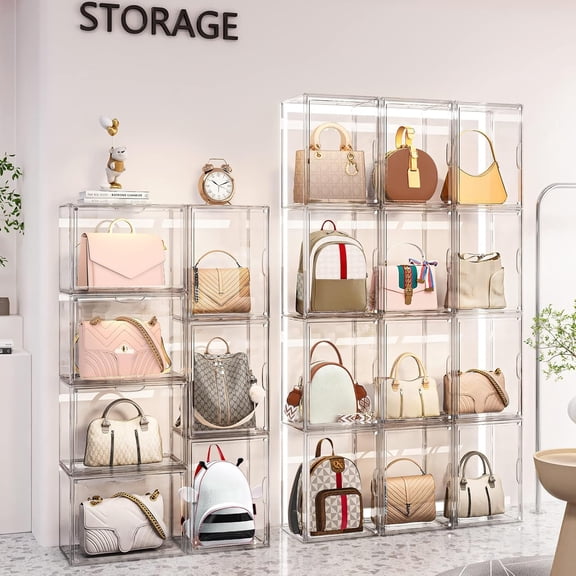 3 Packs Clear Handbag Storage Organizer for Closet, Acrylic Display Case for Purse Handbag, Stackable Purse Organizer Storage Box with Magnetic Lids for Wallet Book Collectibles